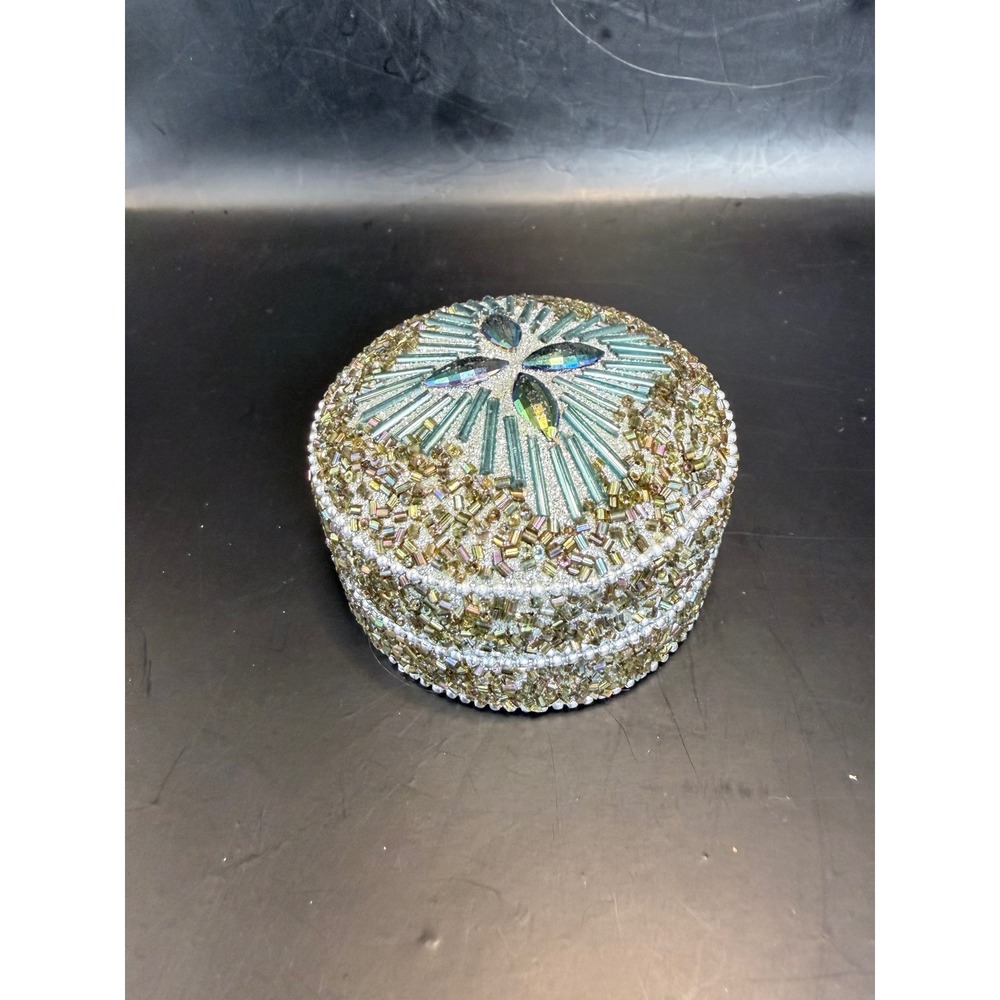 Vintage Style Beaded Round Trinket Box Gold Silver Iridescent Jewelry Case 3"